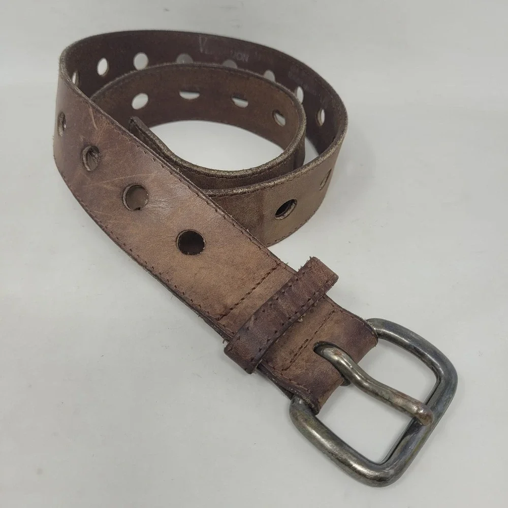 Vermillion Belt Large Brown Leather Perforated Distressed Utility Rugged Grunge